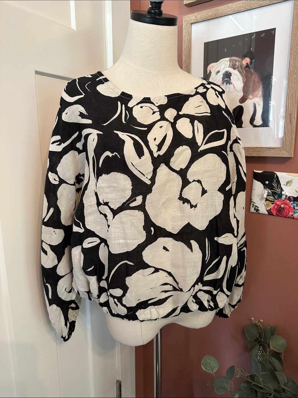 Bryn Walker 100% linen bubble cream black floral dolman sleeve S Lagenlook shirt